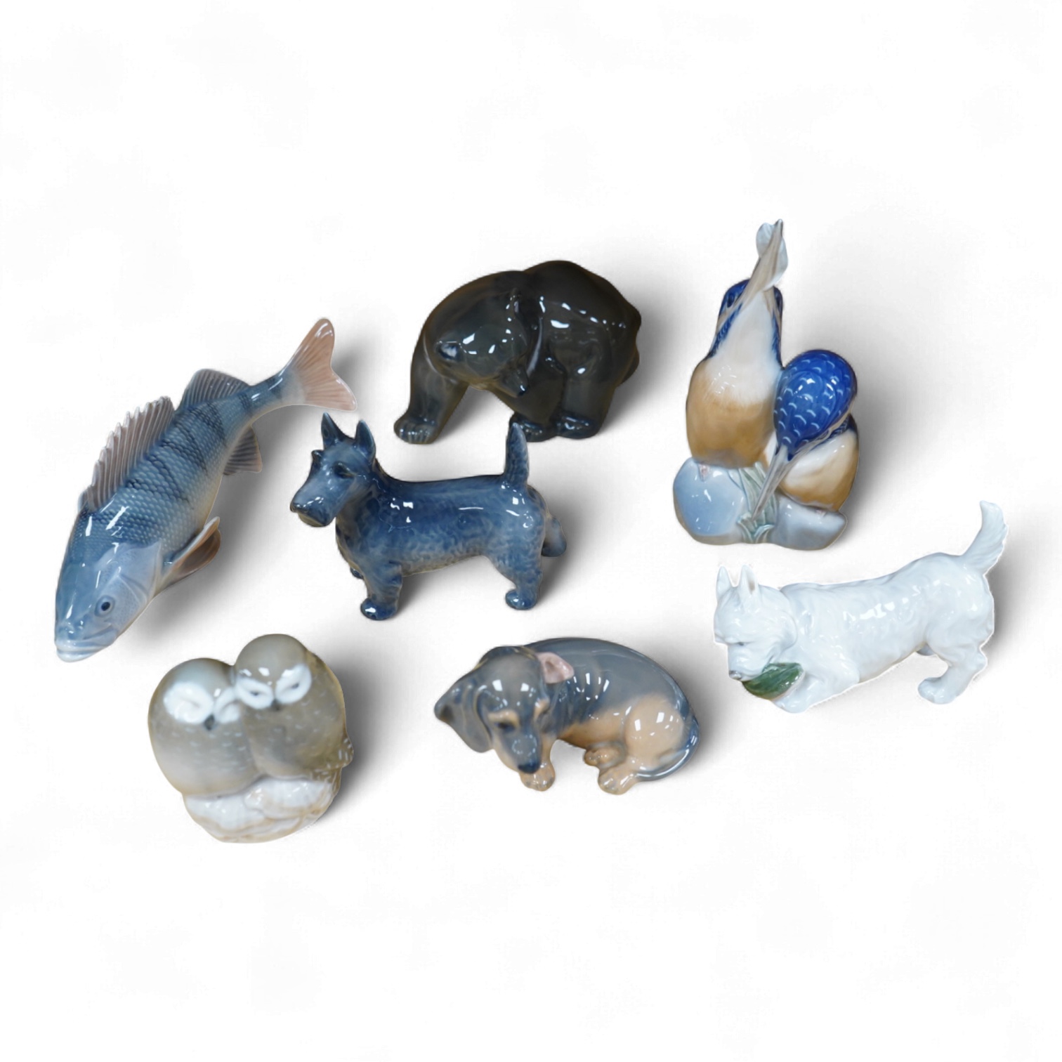 A group of seven Royal Copenhagen animals, tallest 18cm